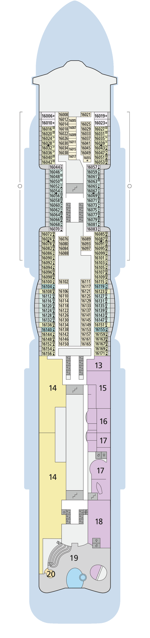 AIDAcosma - Deck 16 - Deckplan mit Kabinen