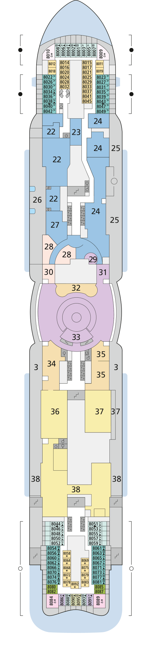 AIDAcosma - Deck 8 - Deckplan mit Kabinen