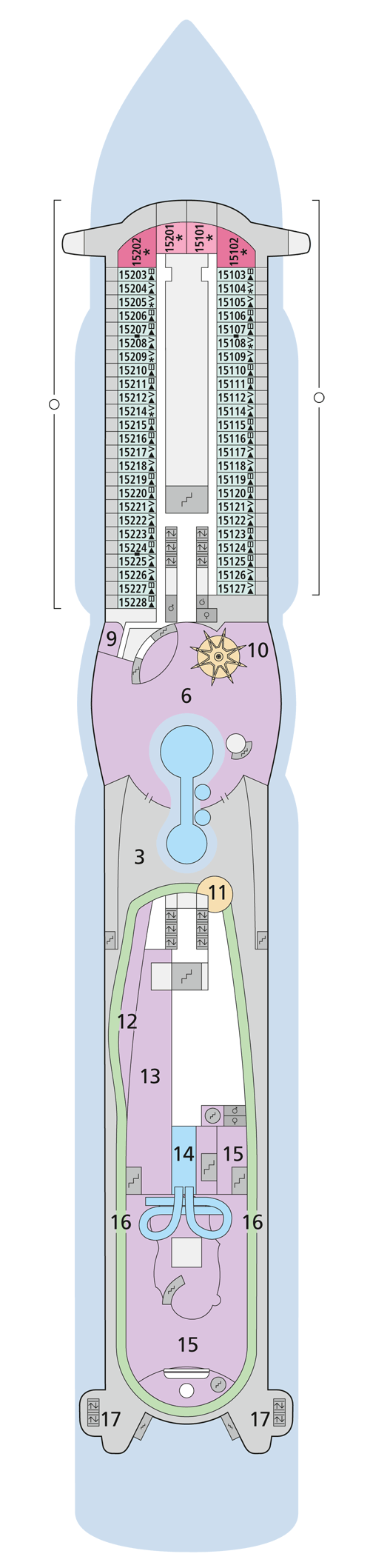 AIDAperla - Deck 15 - Deckplan mit Kabinen