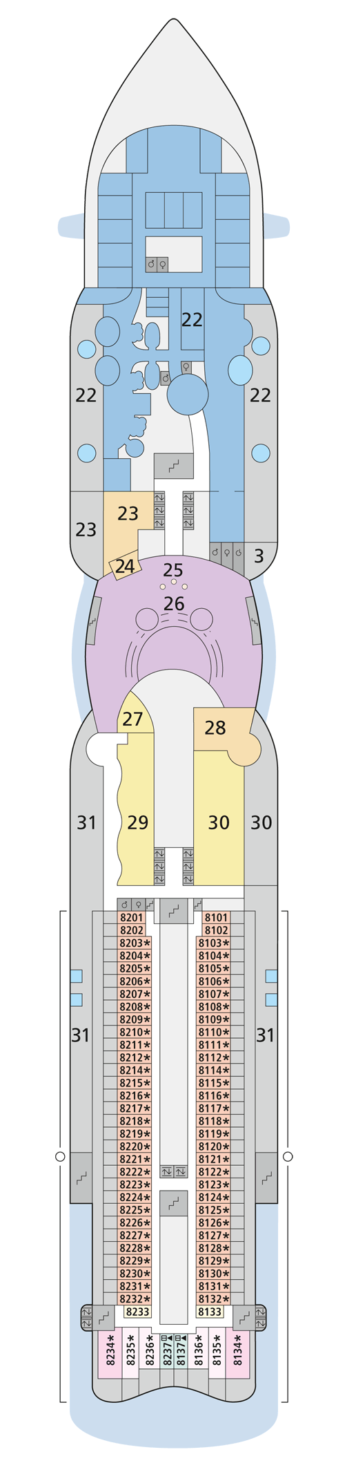 AIDAperla - Deck 8 - Deckplan mit Kabinen